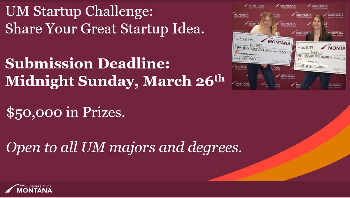 Montana students, 14 days left to submit your great idea.  

umt.edu/startup/busine…

<a href="/umontana/">University of Montana</a> 
<a href="/UMontanaBiz/">UM College of Business</a> 
<a href="/MontanaWestern/">Montana Western</a> 
<a href="/U_MontanaTech/">UCampus Montana Tech</a> 
<a href="/fvccmt/">FVCCMT</a> 
<a href="/skcollege/">Salish Kootenai College</a>