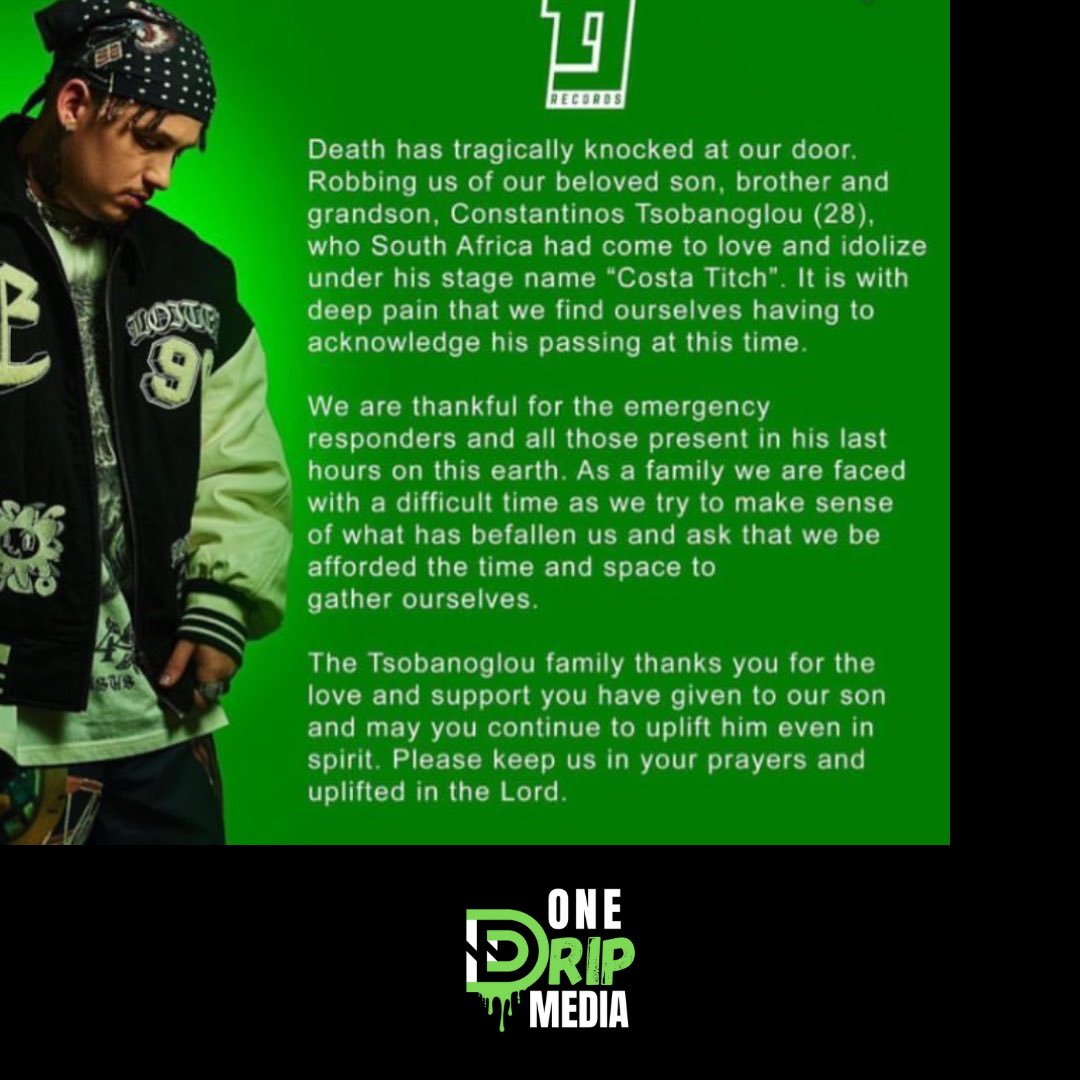 onedripmedia's tweet photo. Costa Titch family has released a statement, and they are asking us to keep them in our prayers. #costatitchdeath #vlhh #titchgang #southafrica #sarapper #akon #konvictkulture #nigeria #love #instagram #post #viral #viralposts #celebrity #trendingnews #trendingnow ๐ธ #costatitch https://t.co/uiQDACtfln