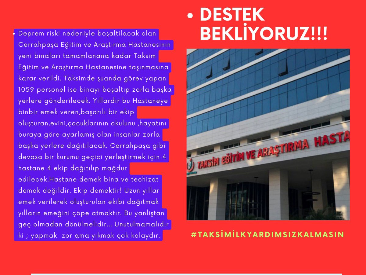 Cerrahpaşa’ya yer ayarlanmalı tabi ki ama bu koca bi hastaneyi yerinden ederek olmamalı. 
Aldığınız karar çözüm değil binlerce personeli aşikar şekilde açıklama dahi yapılmadan mağdur etmektir. Mağduriyet istemiyoruz.
#TaksimİlkyardımsızKalmasın <a href="/drfahrettinkoca/">Dr. Fahrettin Koca</a> <a href="/saglikbakanligi/">T.C. Sağlık Bakanlığı</a>