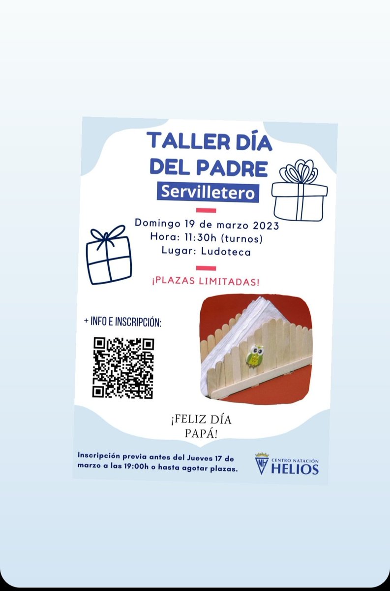 chiquihelios's tweet photo. Día del Padre
El próximo domingo vamos a realizar un regalo muy original  para papá. Un servilletero. No te quedes sin plazas. ¡Apúntate! Inscripción: https://t.co/7MEVhmfwom 
@cnhelios https://t.co/ukflrbzbnU