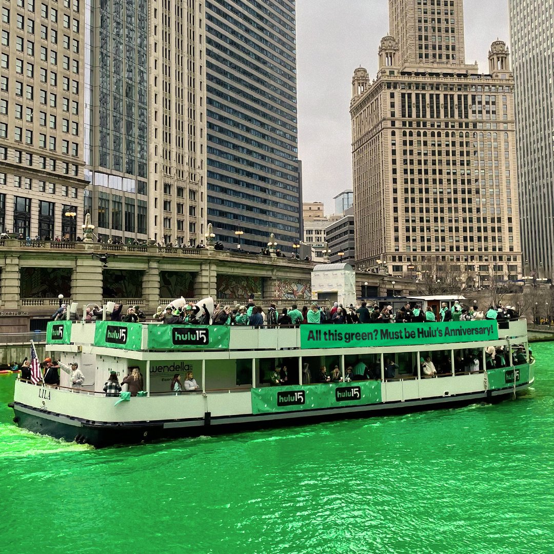 hulu's tweet photo. Chicago, all this green for our 15th anniversary? Wow. You shouldn't have! #Hulu15 https://t.co/eY9Fppqt9H