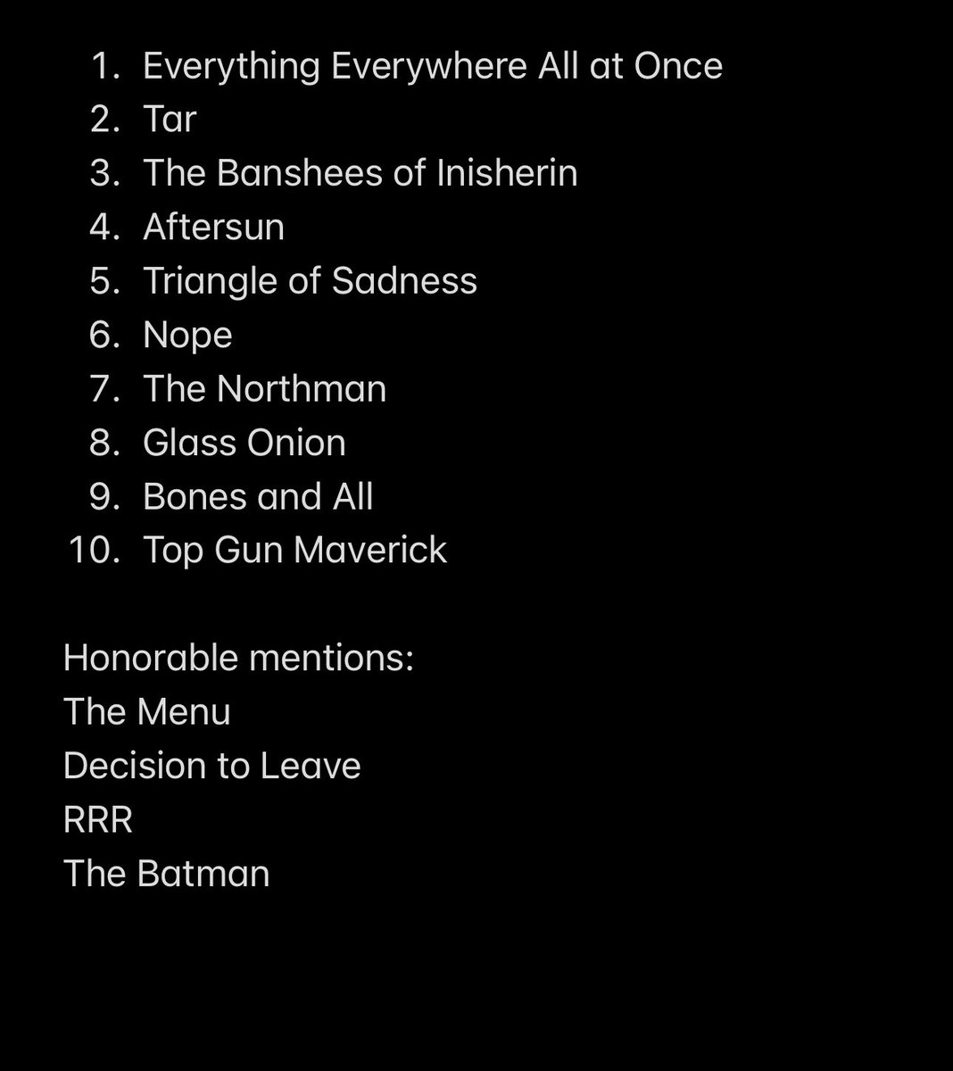 BentliBejan's tweet photo. Since the Oscars are tonight here are my top films from 2022: https://t.co/hL5hRbx1Wc