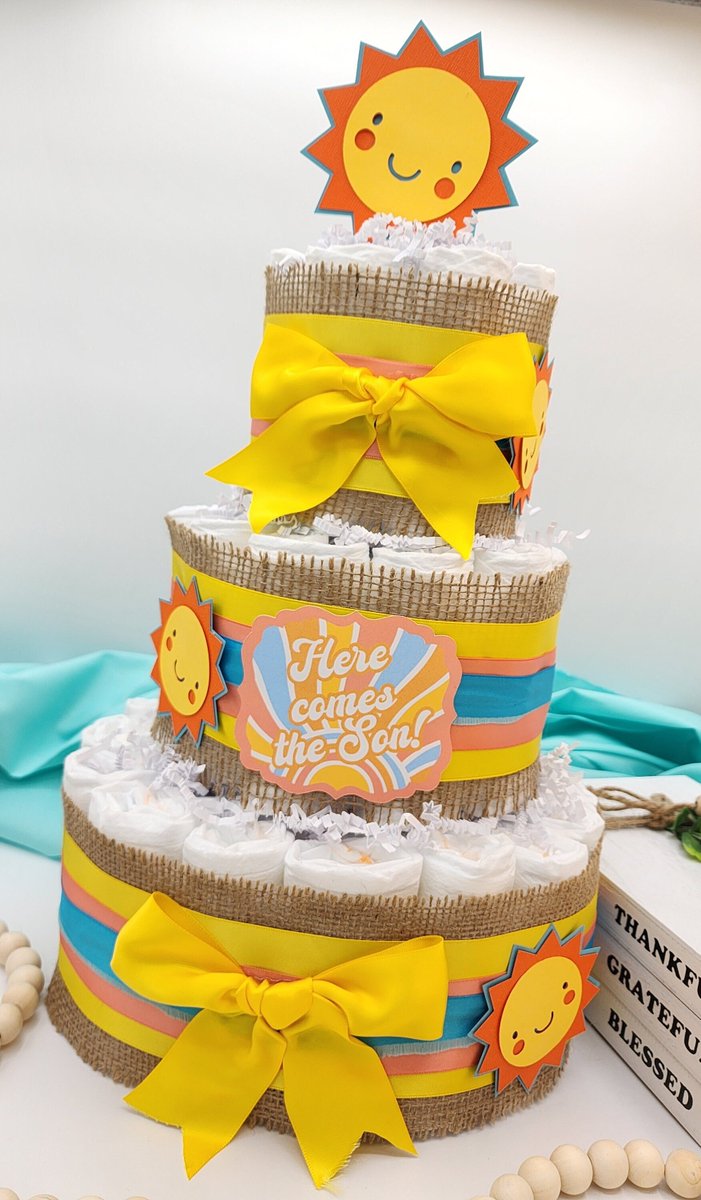 JCsBabyShower's tweet photo. Excited to share the latest addition to my #etsy shop: 3 Tier Diaper Cake - Here Comes the Son Theme - Turquoise Coral Yellow and Burlap with Sunshine Summer Fun Shower Centerpiece https://t.co/jdb81mZxNn #brown #babyshower #diapercake #tabledecor #giftwrapped #summer https://t.co/1S06CaQe9H