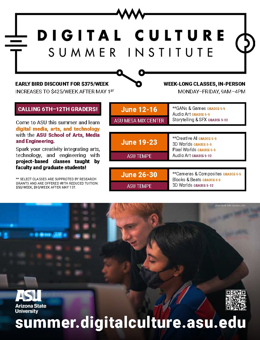 gameschoolasu's tweet image. Schedule and registration for our summer 2023 program are now up at our website! 

Grant supported scholarships are available for select classes.

summer.digitalculture.asu.edu.

@ASUHIDA
 
#KidsInSTEM #AZSTEM #AZMakers
