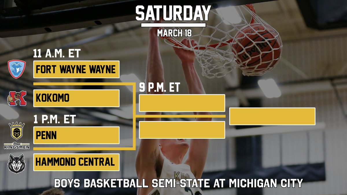 The_Pennant's tweet photo. BOYS BASKETBALL SEMI-STATE: Penn assigned to Michigan City Semi-State, Sat., March 18, 2023.

Game 1: F.W. Wayne (21-4) vs. Kokomo (22-4), 11 a.m. ET

Game 1: Penn (27-1) vs. Hammond Central (26-1), 1 p.m. ET

Championship: 9 p.m. ET

Tix info released later in week. https://t.co/HXATyxmsV7