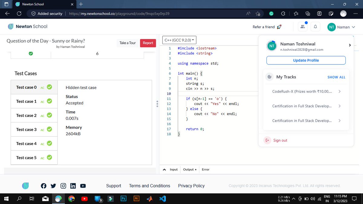 Toshniwal2828's tweet photo. Today I have solved Sunny or Rainy? using #C++ #Day56 of #100Daysofcode 
@everydaycoders @_100DaysOfCode
#community #coding #programming #competitiveprogramming #codingchallenge #dsa #bubbleupcommunity #codedu https://t.co/6YO6c3posv