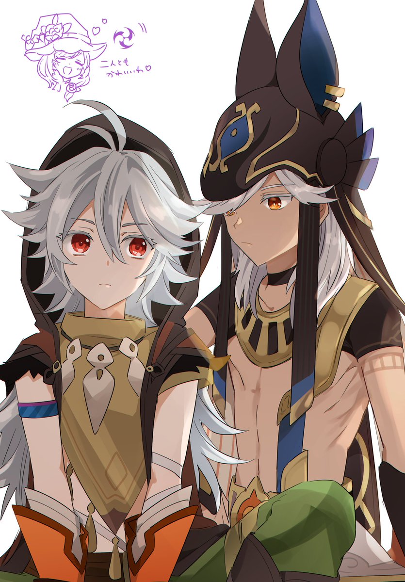 razor (genshin impact) red eyes multiple boys long hair hat hood grey hair black choker  illustration images