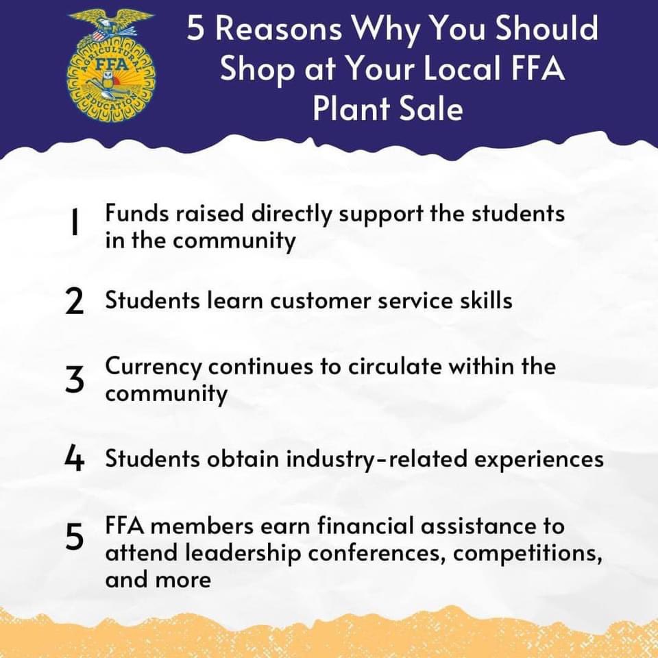 DON’T MISS THE FFA PLANT SALE!  GATHER YOUR VEGGIES, FOLIAGE AND FLOWERING PLANTS AT GREAT PRICES - SEE BELOW FOR DATES AND TIMES!