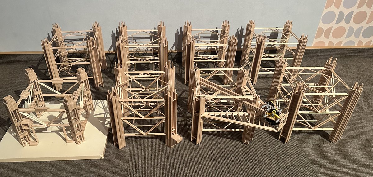 StarChopsticks's tweet photo. An update on my current fleet of tower segments. In the front row from left to right: The base (it will be casted into hobby concrete later). The lowest segment (1). The top segment (8/9) with  pulleys. All other five are segments 2-6. So one more segment to be build #Mechazilla https://t.co/qmkcHEftWd
