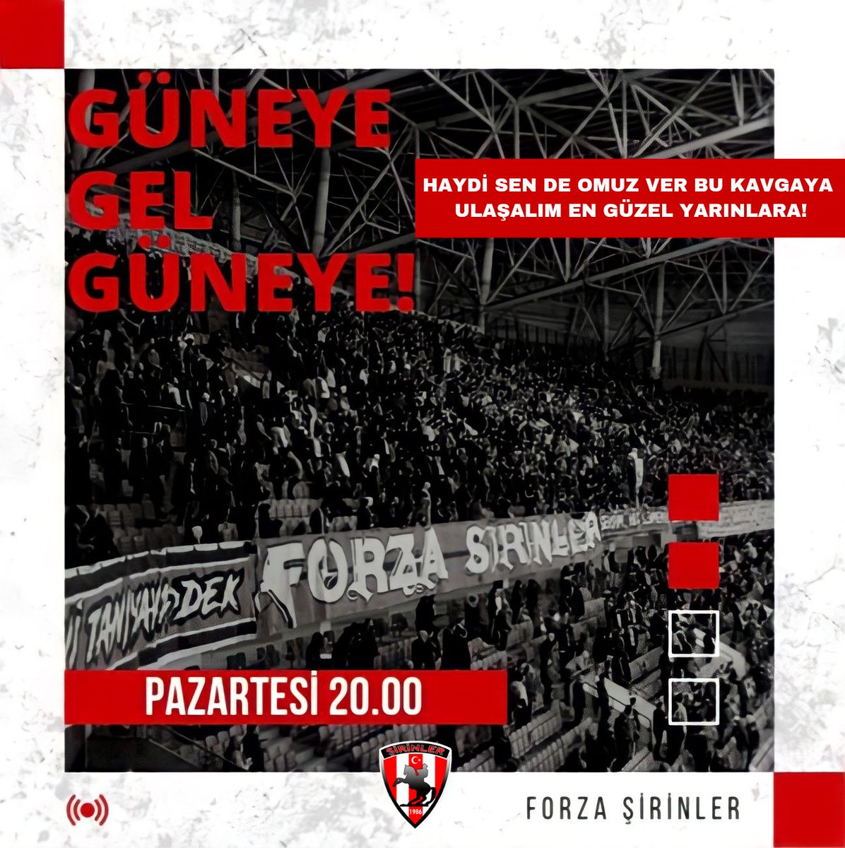 Haydi Sen de Omuz Ver Bu Kavgaya
Ulaşalım En Güzel Yarınlara!

GÜNEYE GEL GÜNEYE!

#Samsunspor #ForzaŞirinler