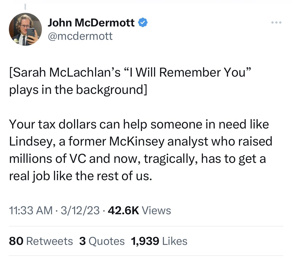 left, entrepreneur (job) employing 15 people (jobs) trying to keep her business alive. right, writer for esquire who thinks the chance they lose their jobs is funny, because it means they have to… get jobs. the point is not to make sense. the point is to delight in human misery.