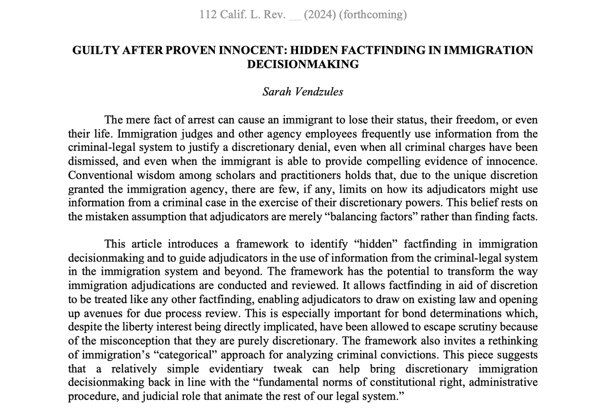I still can't quite believe it. The article I've been working on for the past 5 years about the (mis)use of information from the criminal-legal system in the immigration system is getting published in <a href="/CalifLRev/">California Law Review</a>! Draft on SSRN: ssrn.com/abstract=43815…. Feedback welcome!