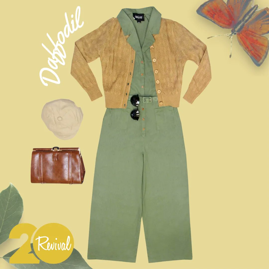 revival4vintage's tweet photo. Channel your inner land girl with our Daffodil look. This outfit features a Khaki Siren Suit paired with a Knitted Beige Cardigan that softens the seemingly utilitarian outfit. #LandGirl #1940sFashion #1940sWomenswear #SirenSuit #SpringOutfitIdeas #VintageFashion https://t.co/lyZZYmuiJ4