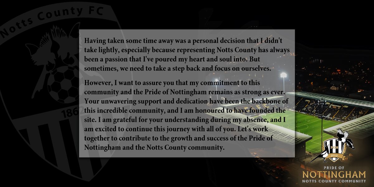 PON_NCC's tweet photo. It was difficult to step back and focus on myself, but I want to assure you that my dedication to Notts County and the Pride of Nottingham remains strong. Let's keep working together to ensure our community thrives! #SelfCare #PrideOfNottingham https://t.co/5BVpSsc2Gj