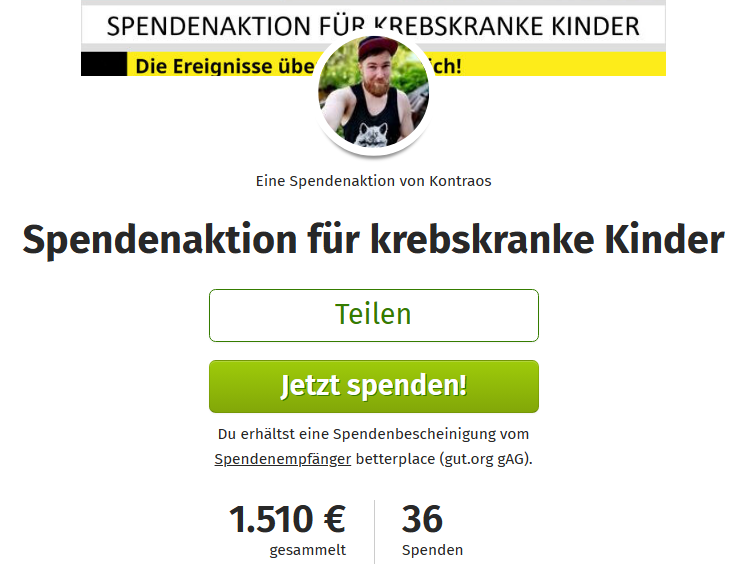 ❗️❗️❗️❗️❗️❗️ 1500€ ❗️❗️❗️❗️❗️❗️

OHNE SCHEiß IHR SEID EINFACH SAU GEIL!!!!!!

In so kurzer Zeit schon sooo unglaublich viel zusammen, ich liebe euch man!

Gemeinsam gegen Krebs!!!

FUCK CANCER
I WILL SCREAM THESE WORDS LOUD!