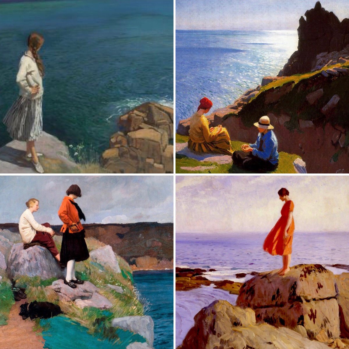frome_maude's tweet photo. Laura Knight lived in #Cornwall from 1907 to 1919. She was part of a group of artists known as the Newlyn School, based in the fishing village of Newlyn, adjacent to Penzance. Her paintings of women on #Cornish clifftops, shown here, were made from 1912-1917. #FolkloreSunday https://t.co/bMpbZKIOGW