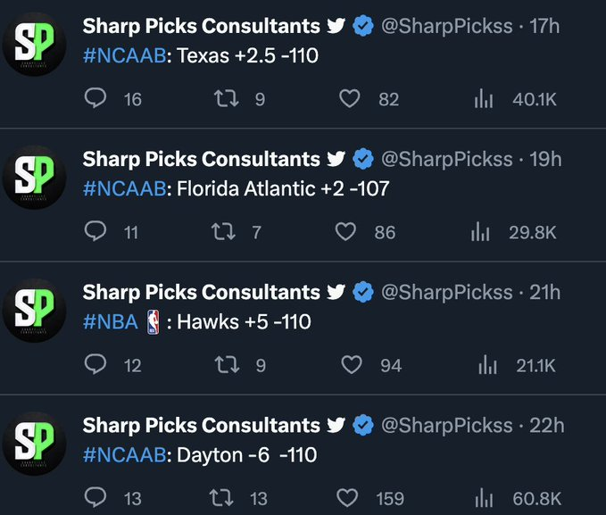 SharpPickss's tweet photo. #NCAAB Free Plays 🧹🧹🧹

💰Princeton +3.5 -110
💰Arizona ML -106
💰Grand Canyon +1 -110 
💰Texas +2.5 -110 
💰Florida Atlantic +2 -107 
💰Dayton -6 -110 

10 people to LIKE + RT+ COMMENT on this tweet get the March Madness WEEK 1 #NCAAB Package FREE ‼️🤑 https://t.co/EGASD5iDOc