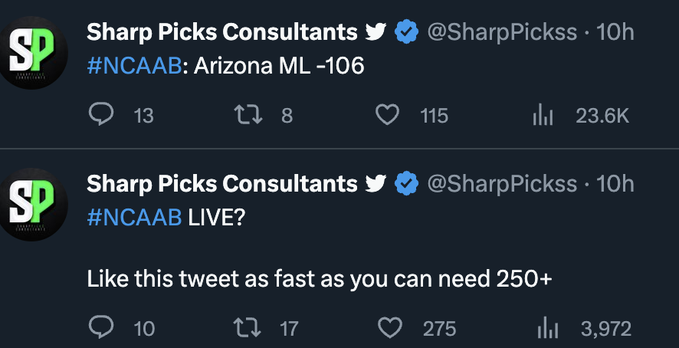 SharpPickss's tweet photo. #NCAAB Free Plays 🧹🧹🧹

💰Princeton +3.5 -110
💰Arizona ML -106
💰Grand Canyon +1 -110 
💰Texas +2.5 -110 
💰Florida Atlantic +2 -107 
💰Dayton -6 -110 

10 people to LIKE + RT+ COMMENT on this tweet get the March Madness WEEK 1 #NCAAB Package FREE ‼️🤑 https://t.co/EGASD5iDOc