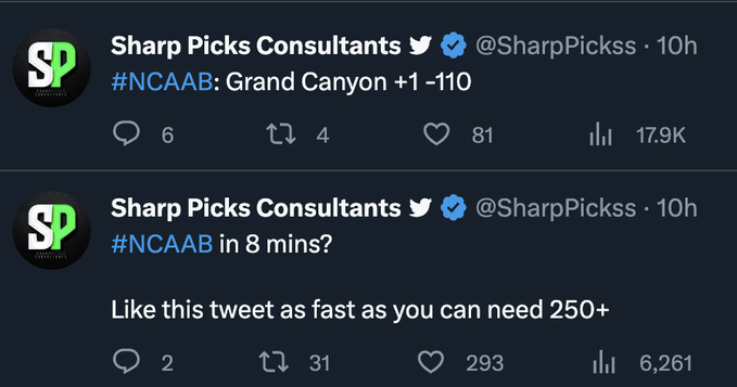 SharpPickss's tweet photo. #NCAAB Free Plays 🧹🧹🧹

💰Princeton +3.5 -110
💰Arizona ML -106
💰Grand Canyon +1 -110 
💰Texas +2.5 -110 
💰Florida Atlantic +2 -107 
💰Dayton -6 -110 

10 people to LIKE + RT+ COMMENT on this tweet get the March Madness WEEK 1 #NCAAB Package FREE ‼️🤑 https://t.co/EGASD5iDOc