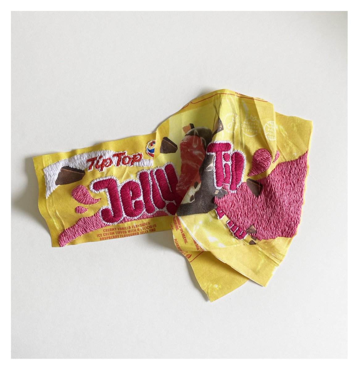 An ice-cream wrapper or a textile treat? Jay Hutchinson embroidered Jelly Tip. New at <a href="/OtagoMuseum/">Tūhura Otago Museum</a> &amp; in Moira White’s ‘Collection Notes’ for Context #43. Acquired with assistance of the Blumhardt Foundation, 2021.  Context is free for members and at libraries. Photo: Olga Gallery