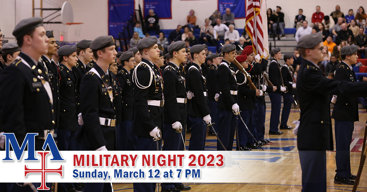 marmionacademy's tweet photo. JOIN US FOR MILITARY NIGHT TONIGHT! Doors open at 6:30 with the ceremony beginning at 7pm. The evening includes a Pass and Review, Drill Team Performance and Guest Speaker LTC. Peter Schmitt '96. #WeAreMA #marmionadvantage https://t.co/WRs6ufJv2T