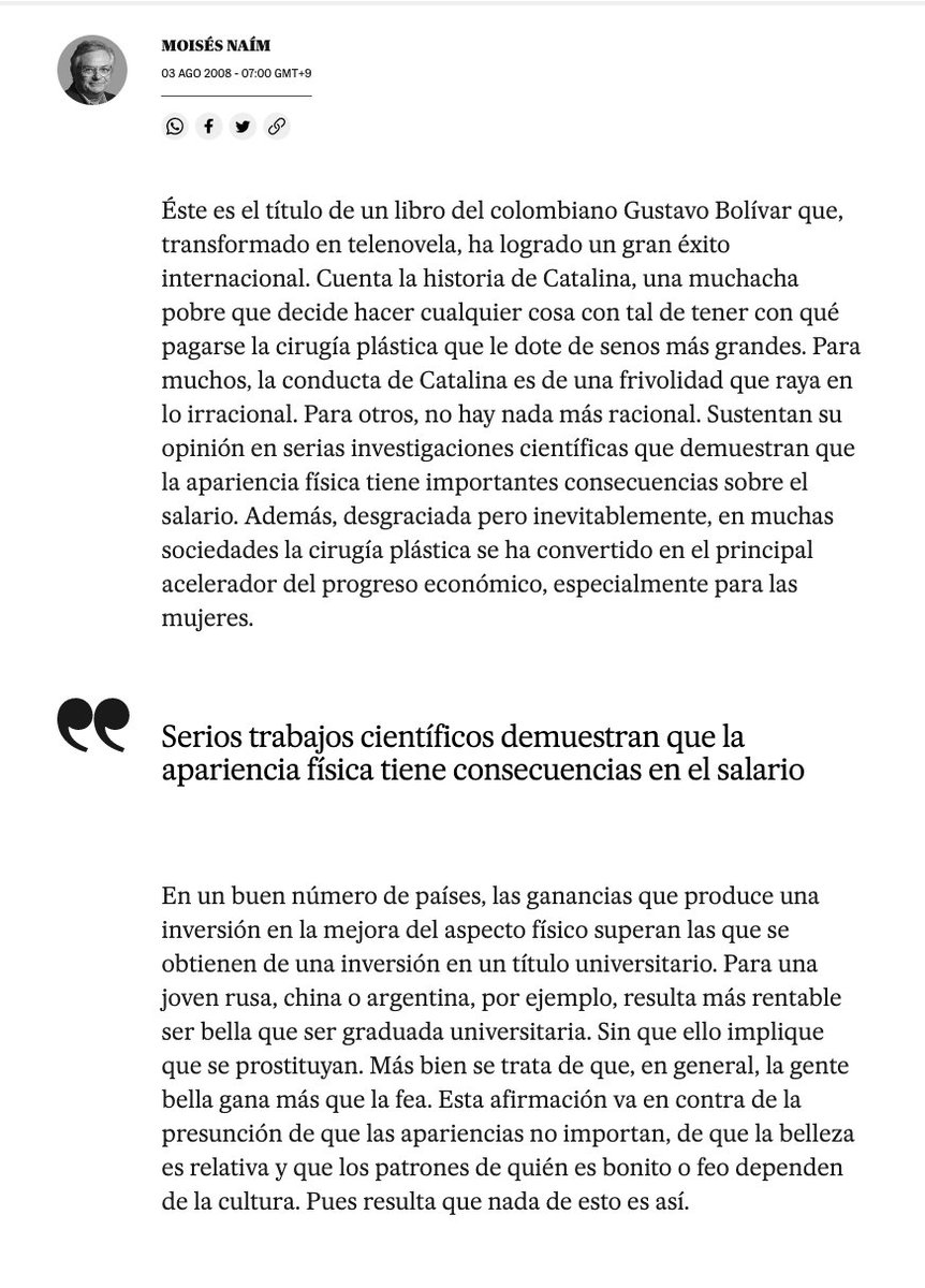 GustavoBolivar's tweet photo. Dije que a Aida Merlano y a Catalina de "Sin tetas..." la belleza se les convirtió en tragedia, porque en un país de estereotipos machistas, la mujer bonita es blanco de los depredadores. Lean la columna de Moisés Naim (EL País, España 2008) y me cuentan:
https://t.co/9wc7fRWEof https://t.co/YeWa69a5gl