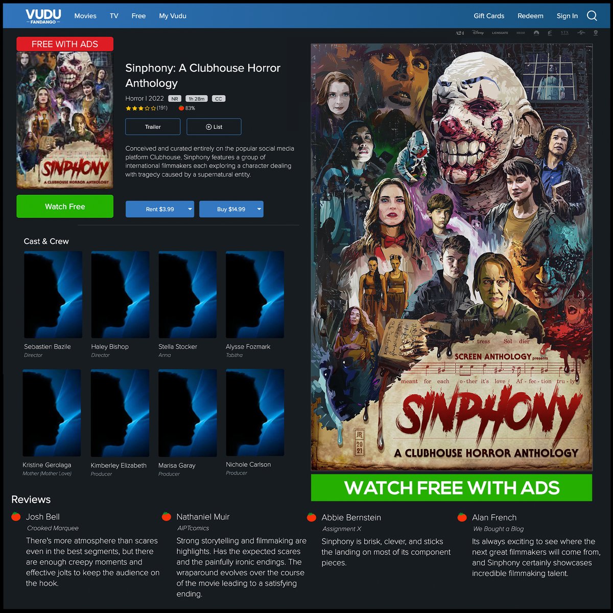 JasonRagosta's tweet photo. Excited to share that @sinphonyclubhousehorror is now available to watch for free (with ads) on #vudu ! Linktree in bio* #sinphonyhorroranthology #vudu #nowavailable‼️ #indiehorror LInk: https://t.co/JELAQqc2hY https://t.co/OROELZ57T6