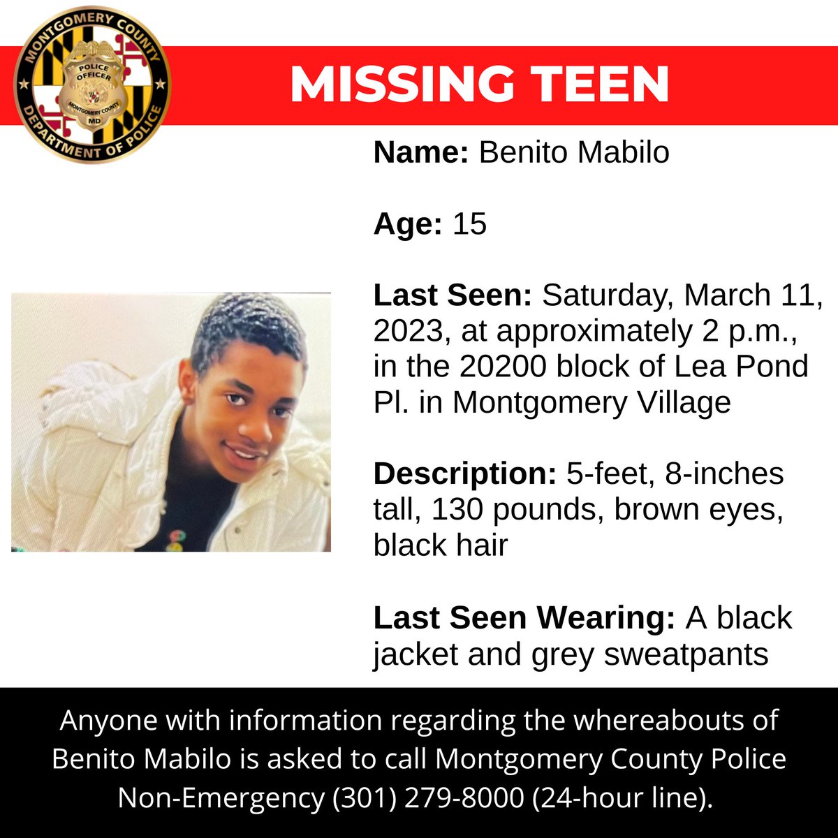 Concern for Missing Fifteen-Year-Old 

www2.montgomerycountymd.gov/mcgportalapps/…

#MCPNews #MCPD #MissingPerson