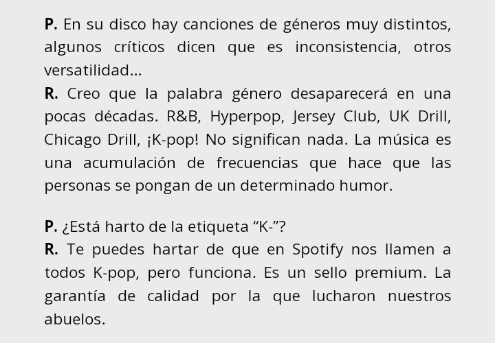 RomanNamu's tweet photo. Verdaderamente ame esta entrevista del País a Namjoon, fueron directos pero respetuosos y se nota que investigaron bien y Namjoon ese we que forma tan espectacular de responder, pinche vato intelectual, que ganas de besarte el cerebro 💜

Capturas de lo que más me gusto : https://t.co/ZHrSaMAIBY