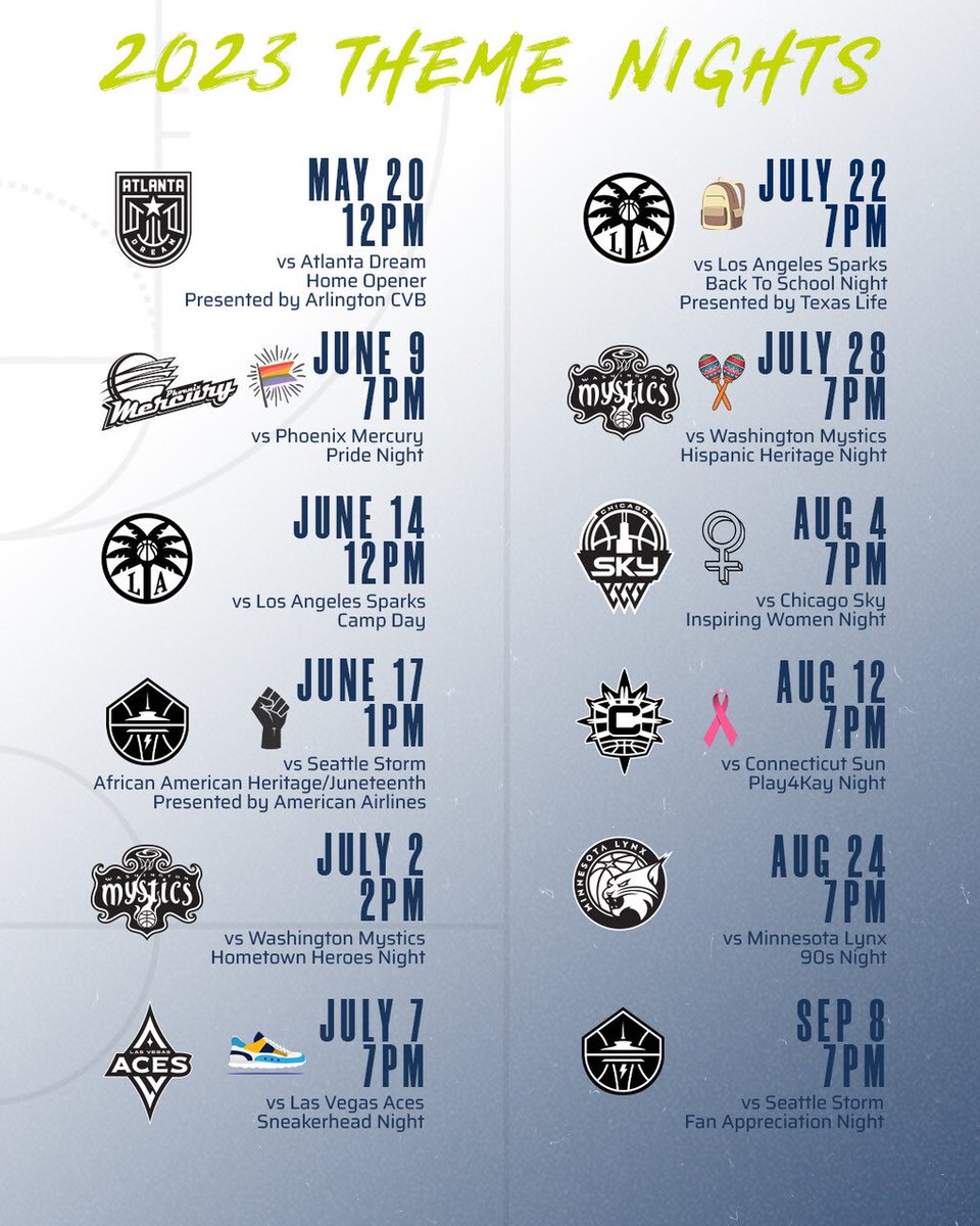 DallasWings's tweet photo. 2023 Theme Nights with updated times 🗓

Less than 70 days until the season begins 🏀 https://t.co/jrypOzKpG2