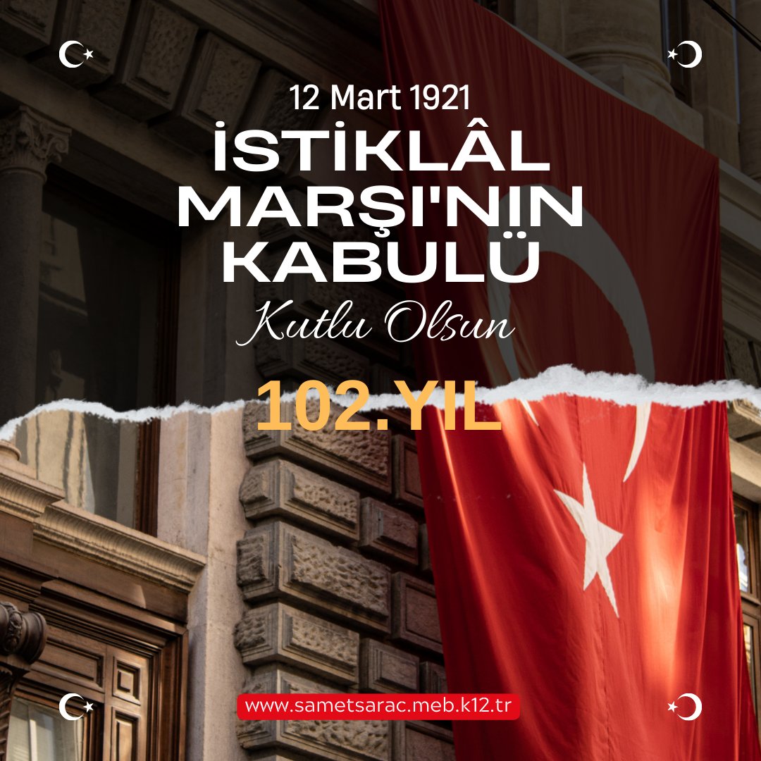 İstiklâl Marşımızın Yüce Meclisimizde kabulünün 102.Yılı'nı tebrik ediyor; dürüstlük ve ahlak timsali vatan şairimizi rahmet ve minnetle anıyoruz.
Allah bu millete bir daha İstiklâl Marşı yazdırmasın !!!