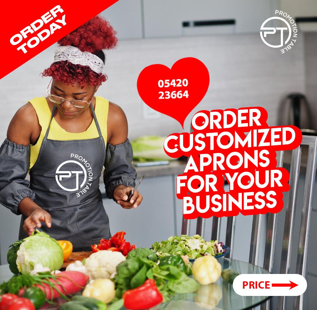 PromotionTable's tweet image. Order customized aprons for your business today. You can place order by giving us a call on 0542023664  #promotiontable #foldable #table #apron