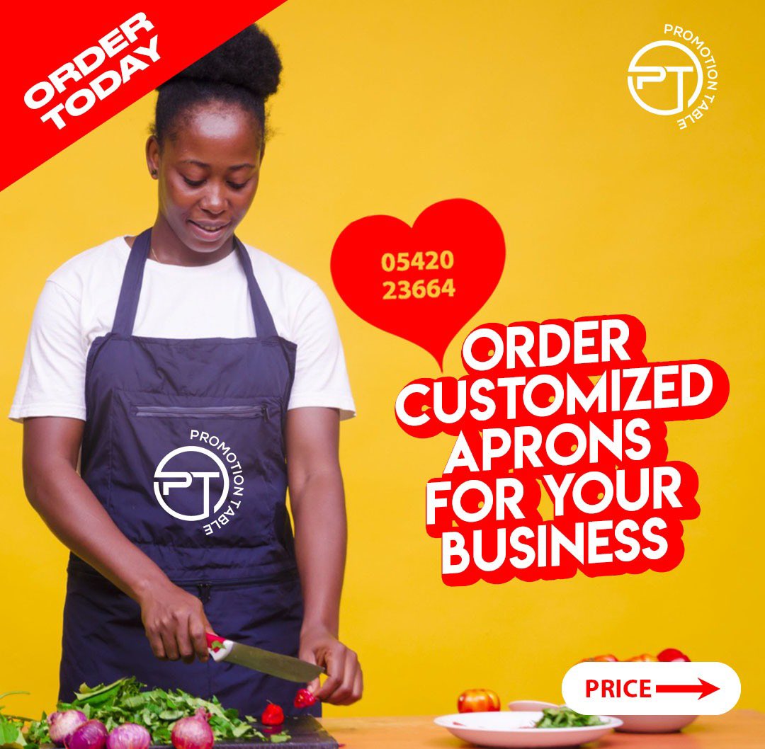 PromotionTable's tweet image. Order customized aprons for your business today. You can place order by giving us a call on 0542023664  #promotiontable #foldable #table #apron