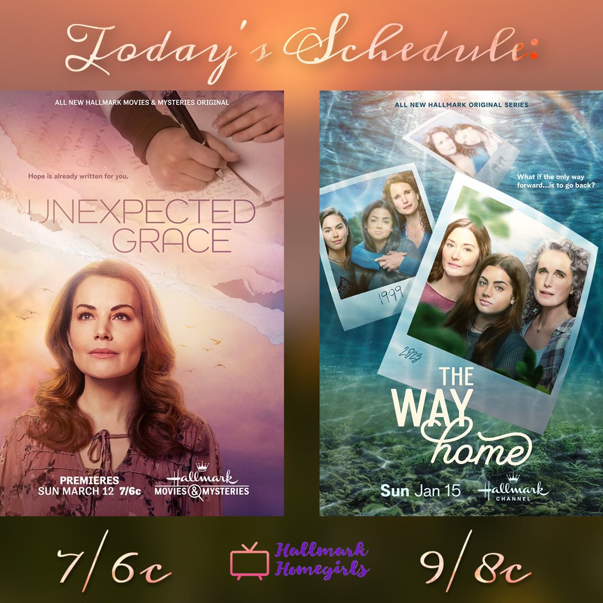 hallmarkhomegrl's tweet photo. Hey #Hallmarkies and #WayHomies, happy Sunday! Join @kimmiek2006 tonight for another double feature! First join her at 7 for #UnexpectedGrace on @hallmarkmovie! Then switch over to @hallmarkchannel for episode 8 of #TheWayHome at 9! https://t.co/GcgEBwRKSM