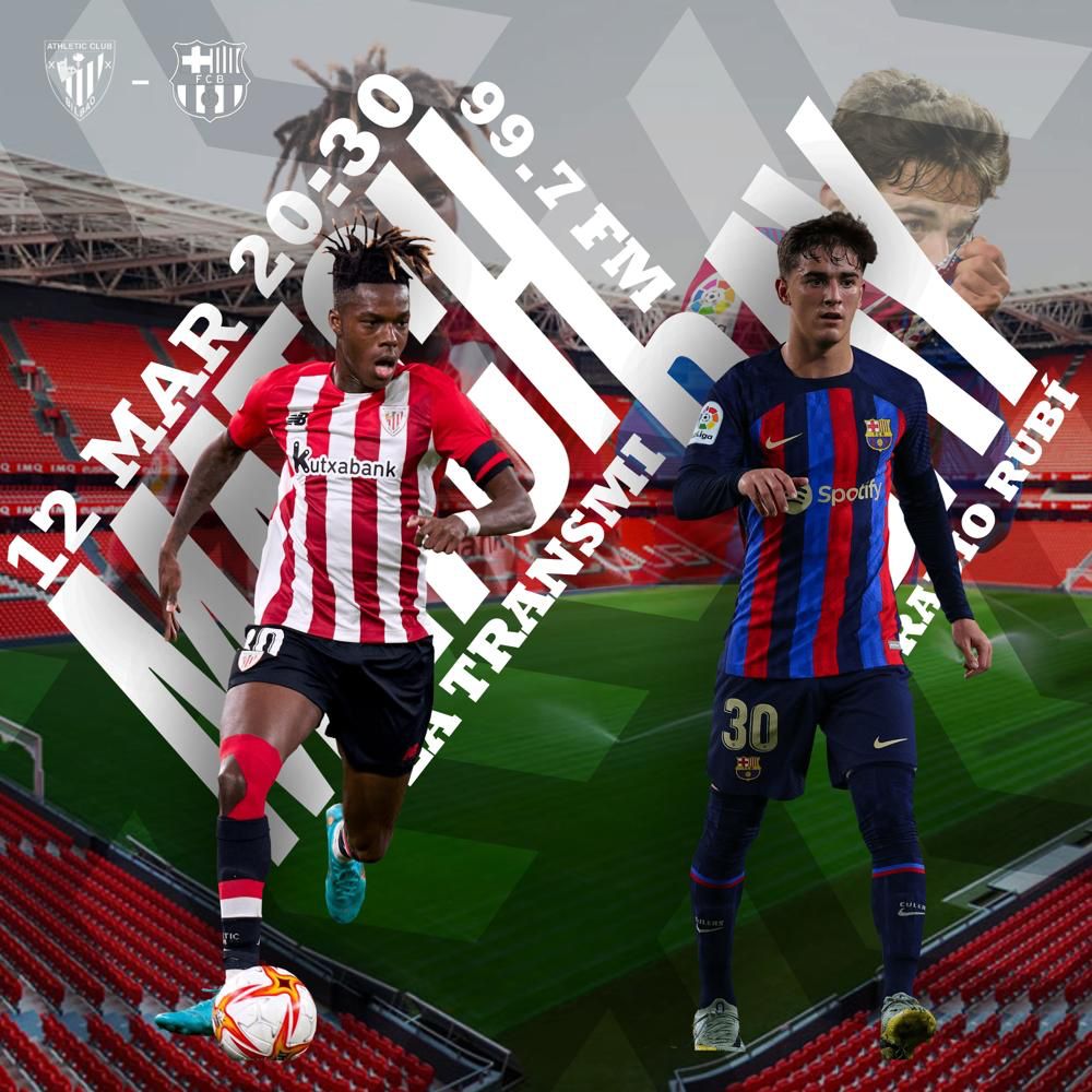 Arriba el moment més anhelat del cap de setmana: 🔊

🕣 A partir de 20:30 sintonitza 📻 #LaTransmi al 99.7 FM o radiorubi.cat📱per seguir el duel entre Athletic Club i Barça.

*O el que és el mateix: Pintxos contra pa amb tomàquet o txacolí contra ratafia. 

Som-hi!🔥