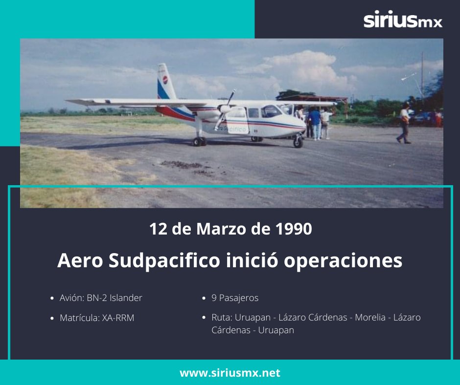 SinReservasInfo's tweet photo. #UnDíaComoHoy 12 de Marzo pero de 1990, la aerolínea regional Aero Sudpacifico inició sus operaciones.
✈ https://t.co/i7vRPXv6bR
#siriusmx #noticias #aviación #aerosudpacifico #BN2Islander #xarrm #hoyenlahistoria #efeméride #12demarzo https://t.co/Vy4lbZJbNa