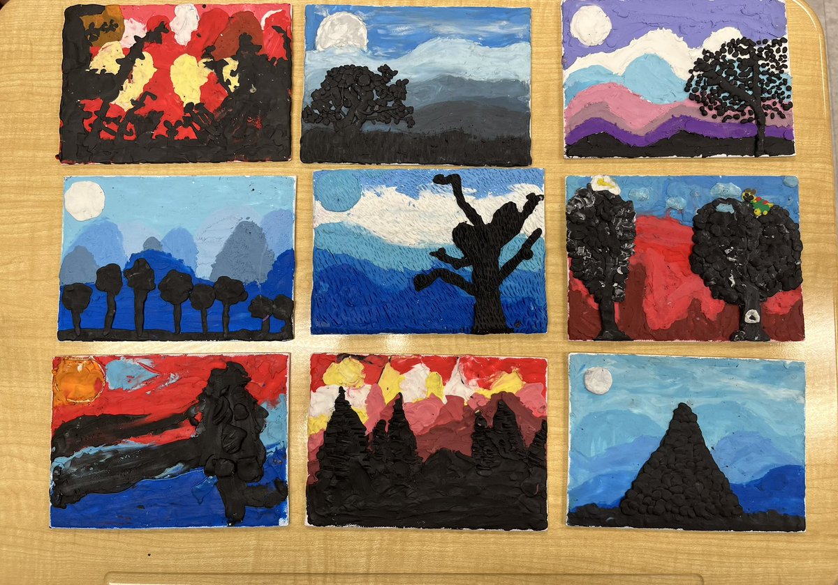 andreacliffy's tweet photo. We finished our landscape art projects!  Inspired by @barbreidart , our school’s name sake and talented artist/author, these grade 5s took their art to another level using plasticine to recreate their digital art projects. https://t.co/knoDh2zoBE