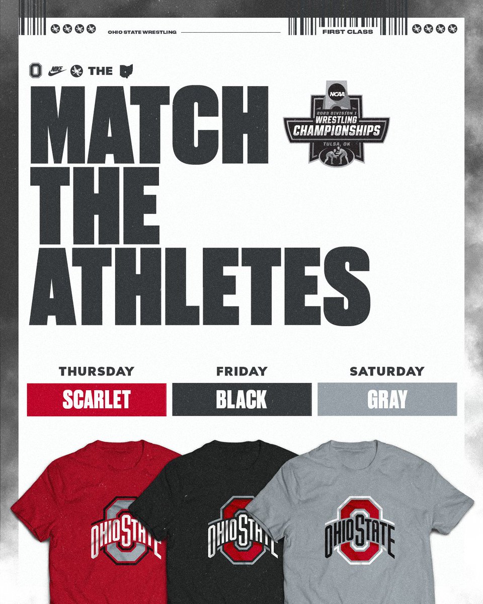 𝙈𝘼𝙏𝘾𝙃 𝙏𝙃𝙀 𝘼𝙏𝙃𝙇𝙀𝙏𝙀𝙎🏆

We invite all of Buckeye Nation, whether you're traveling to Tulsa or watching from home, to match the Buckeyes' singlets all weekend long. 

#GoBucks