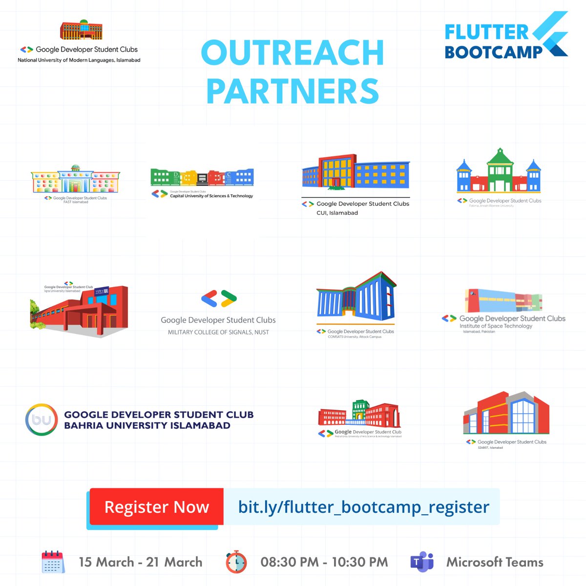 gdscnuml's tweet image. Introducing our outreach partners for the flutter bootcamp! 🤩
Thank you for all the support. Let’s begin the learning journey 🚀
Register Now for the Bootcamp: bit.ly/gdscnuml_flutt…
#flutterbootcamp #gdscnuml #gdscpakistan #gdsc #googledeveloperstudentclubs
@googledevs