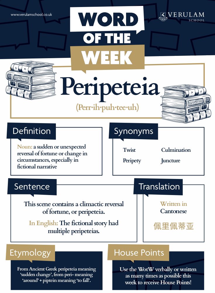 This scene had multiple peripeteias. Word of the Week at <a href="/verulamschool/">Verulam School</a> wb 13th March = Peripeteia. Can you use it in a sentence? #wordoftheweek #WOTW #literacy 📚