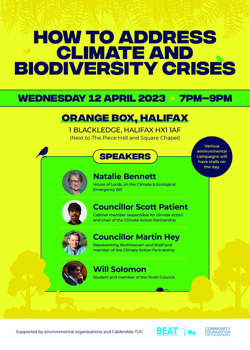 Great line up for public meeting next month on how to tackle the climate and nature crises, right in the centre of Halifax.  Get it in the diary!