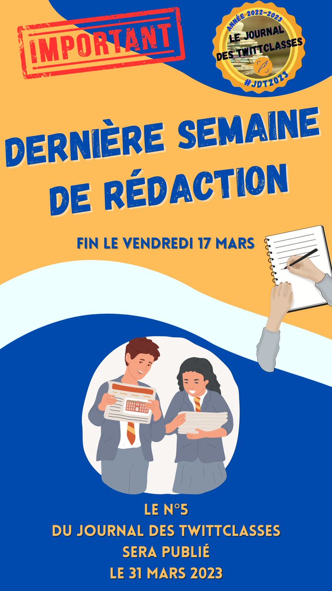 Nous voilà à 4 jours de la date limite pour déposer l'article de votre classe sur le drive du projet.
➡️ Fin le vendredi 17 mars 2023.

Bonne fin de rédaction à toutes les classes qui participent à la réalisation de ce 5e numéro du Journal des TwittClasses. #JdT2023 🗞️
