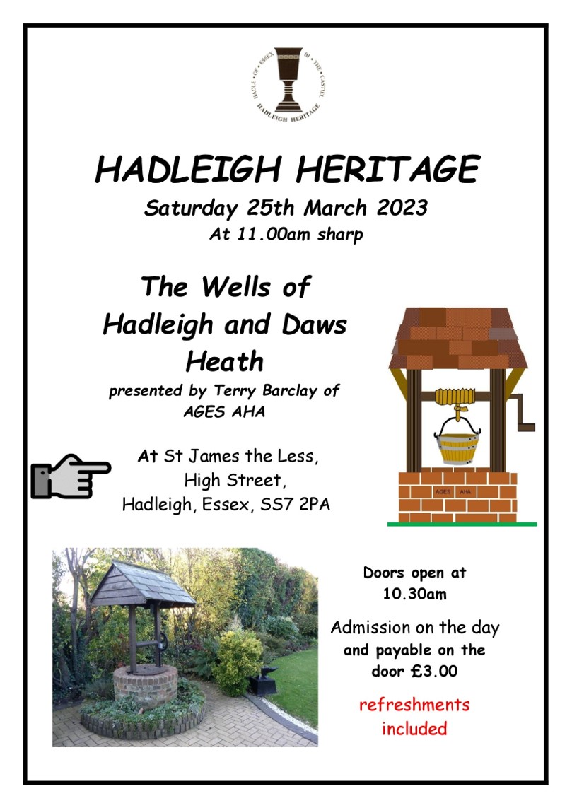 Sat 25th March 2023 St James the Less SS7 2PA £3 on the door at 10:30am; ☕️🍰 refreshments before 11am  presentation about historic local sources of water.  Building our heritage, one well at a time. Soak it up!
