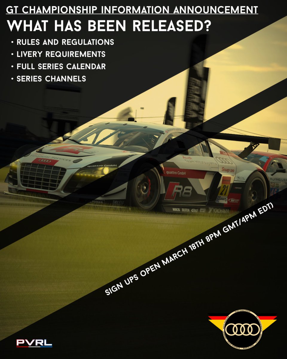 Information regarding PVRL’s GT Championship has been released! 🔥🔥

The discord below contains all the info you’ll need! 

discord.gg/hX7k65Mu8K