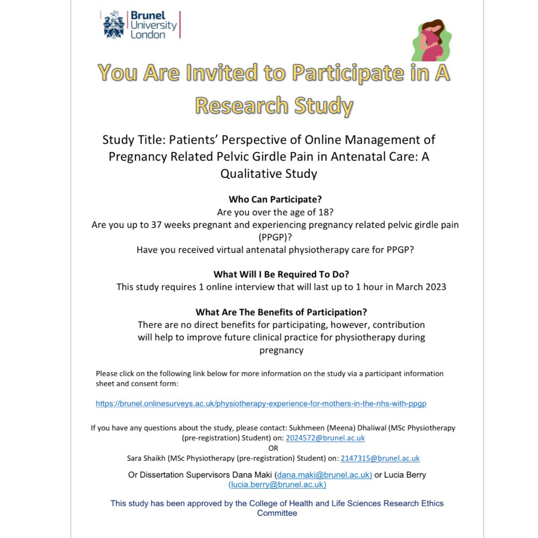 Can you help with this study or spread the word? 

Invitation to partake in a qualitative study – Patients perspectives of online management of pregnancy related pelvic girdle pain in antenatal care”
 
For more information, visit @ppgpstudybrunel 
 
#pregnancy #PPGP #study