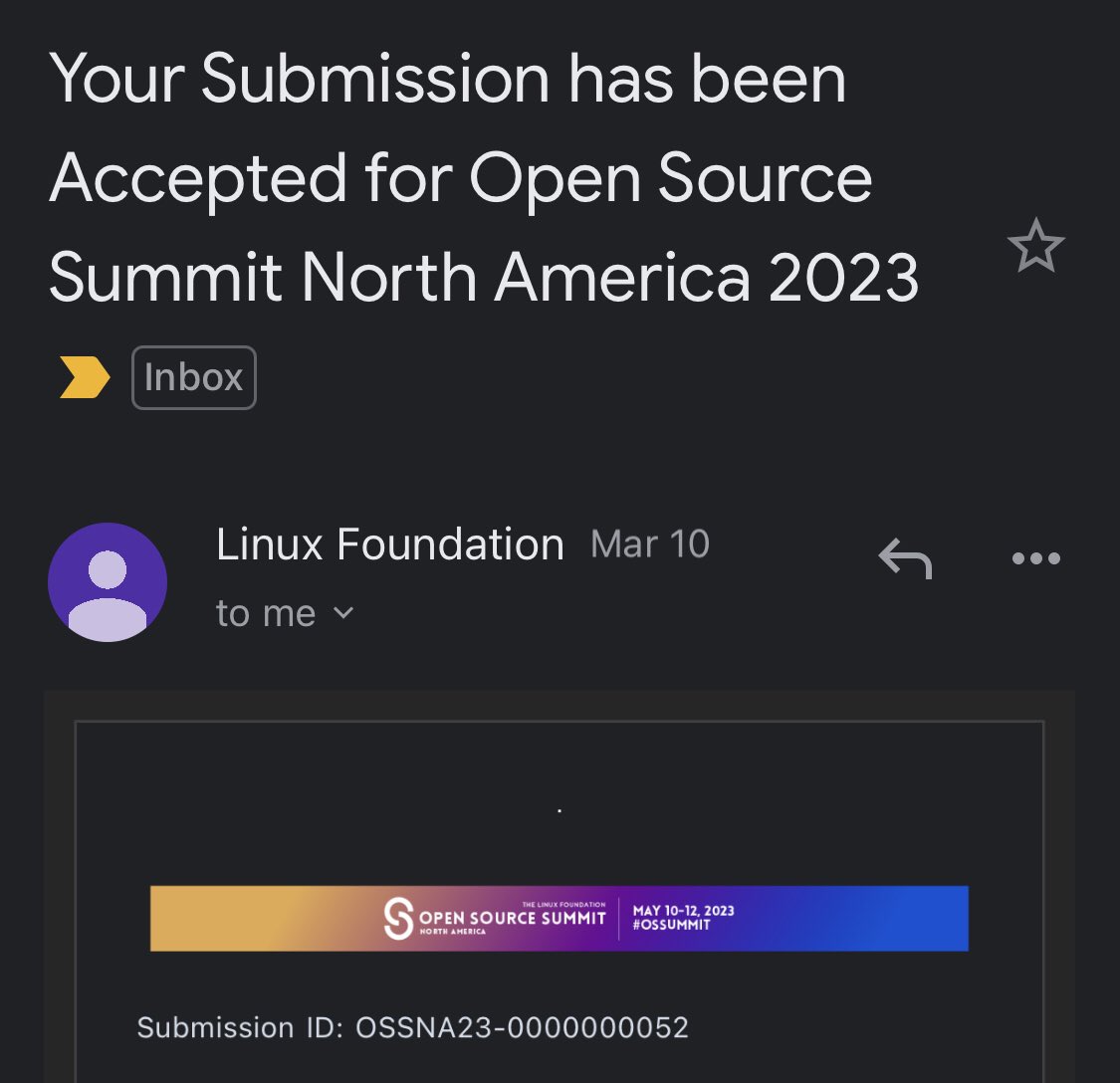 I am thrilled to announce that my CFP for Open Source Summit North America 2023 got accepted💃

Looking forward to it  ✌🏼
#opensource #OSSummit