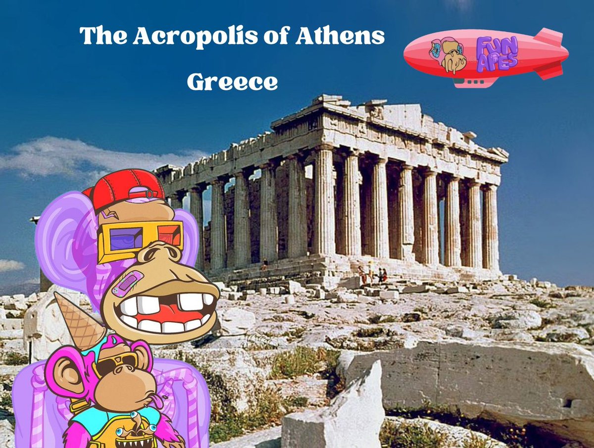 Qhu_NFT's tweet photo. Today the @FunApes_NFT visit the Acropolis of Athens containing the remains of several ancient buildings, the most famous being the Parthenon. During ancient times it was known as Cecropia, after the legendary serpent-man, Cecrops, the supposed first Athenian king. https://t.co/LaG0GHiT07