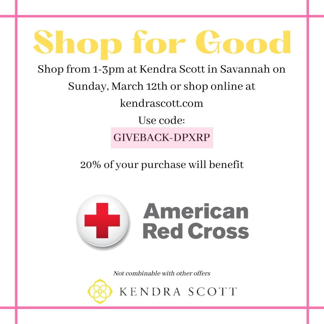 HannahSiebold's tweet photo. looking for a fun way to spend your Sunday? come out to @KendraScott in Savannah, GA to support The American Red Cross! can’t make it in person? shop online with the code GIVEBACK-DPXRP and 20% of your purchase will go to The Red Cross! ❤️✨💉🚒🫶🏼 https://t.co/43JulYucPb