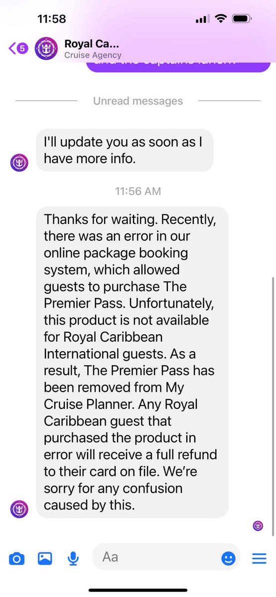KilahWilA's tweet photo. Hey @RoyalCaribbean can you please make an official statement on Premier Package to stop all the speculation online ?  Several people have been told that it's an error and being cancelled.  Please confirm your will honor your advertised package and pricing!!! https://t.co/kW3bCqD9s4