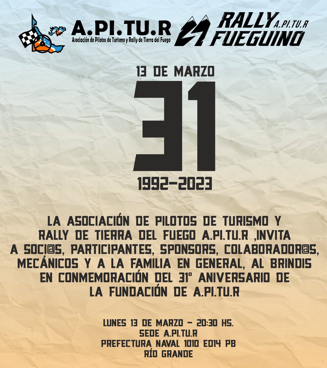 ApiturRallyTDF's tweet photo. 🎉🥂🎂 3️⃣1️⃣🎂 🥂🎉
●
Invitamos a tod@s l@s soci@s, participantes, sponsors, colsborador@s, mecánicos y a la familia en general al brindis en conmemoración del 3️⃣1️⃣° Aniversario de la fundación de A.Pi.Tu.R
●
🗓 Lunes 13 de Marzo
⏱️ 20:30 hs.
📌 Sede A.Pi.Tu.R https://t.co/Ie3xVIUorw